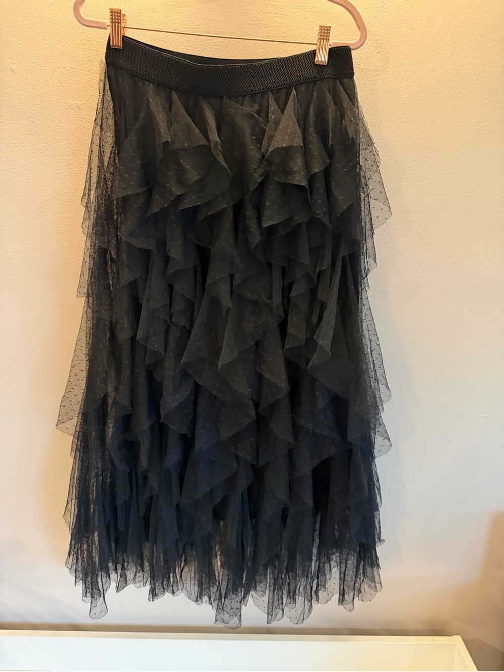 Anthropologie \ Black Tulle Tiered Ruffle Point D'Esprit MIDI Skirt M